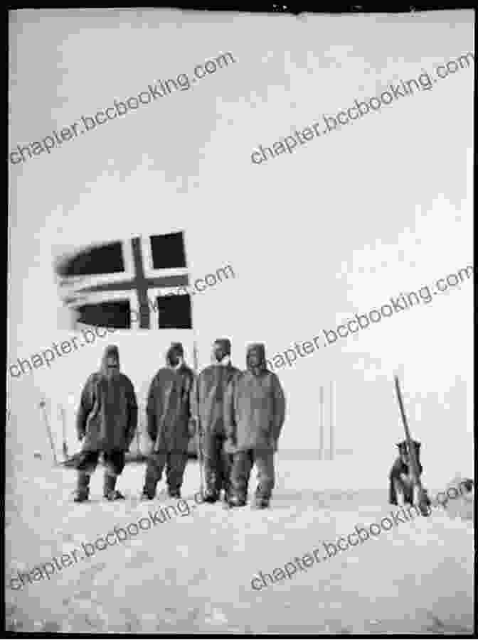 A Vintage Photograph Depicting Roald Amundsen And His Team Standing On The South Pole, Waving The Norwegian Flag. Explorers: Amazing Tales Of The World S Greatest Adventurers