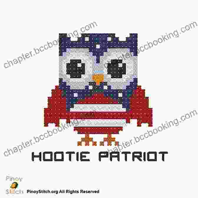 Embroidered Image Of The Hootie Patriot Mini Cross Stitch Pattern, With American Flag In The Background Hootie Patriot Mini Cross Stitch Pattern
